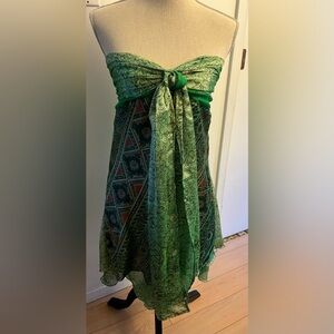 Raw Silk Strapless Midi Dress LARGE Green